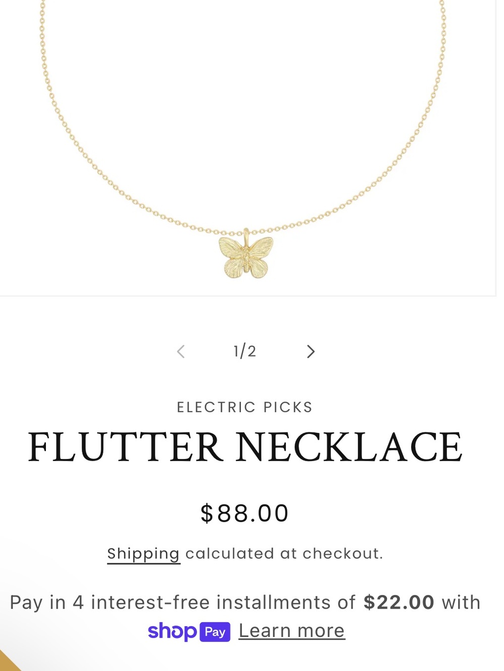 Electric Picks Flutter Necklace - Gold Butterfly Charm